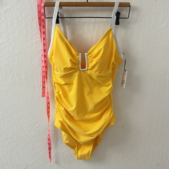 Shade & Shore Yellow White Women's One Piece Swimsuit Crepe U-Wire Ruched 14 - Picture 3 of 3